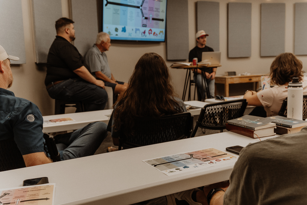 A Foundations class, the storyline of the Bible on the screen at the front.