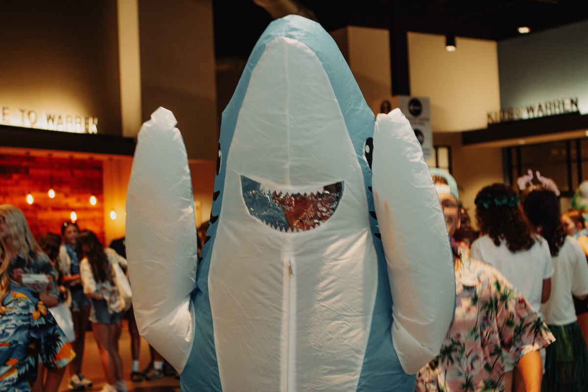 An inflatable shark in the lobby.